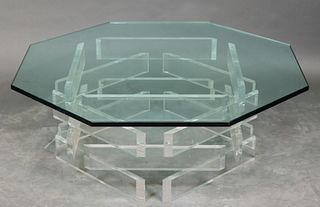 Modern Hexagonal Lucite & Glass Coffee Table