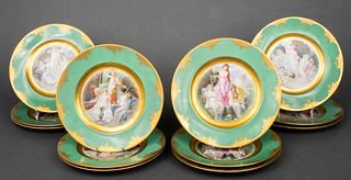 Selb Bavarian Green And Gilt Porcelain Plates, 12