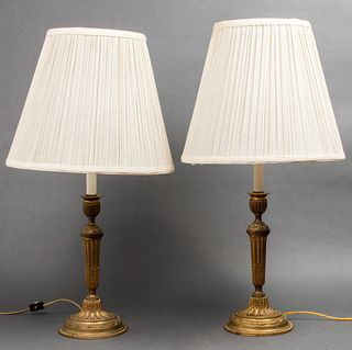 French Louis XVI Style Brass Candlestick Lamps, Pr