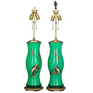 PAIR OF REVERSE PAINTED AND DECOUPAGE GLASS LAMPS