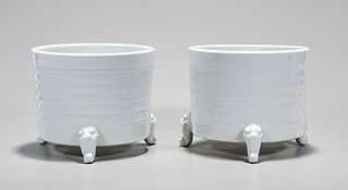 Pair Chinese White Glazed Porcelain Tripod Censers
