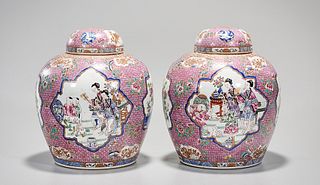 Pair Chinese Enameled Porcelain Covered Jars