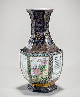 Chinese Enameled and Gilt Porcelain Hexagonal Vase