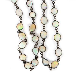 Opal, diamond and blackened silver long chain