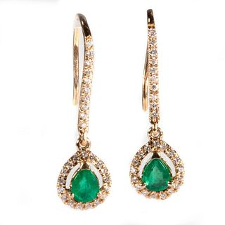 Emerald, diamond and 14k gold drop earrings
