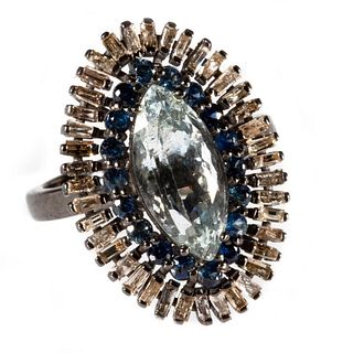 Aquamarine, diamond, sapphire, blackened silver ring