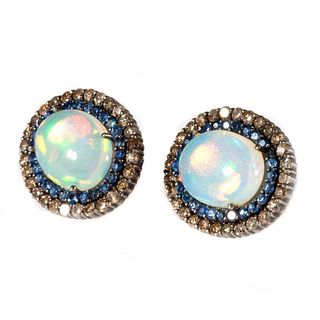 Opal, sapphire, diamond, blackened silver earrings