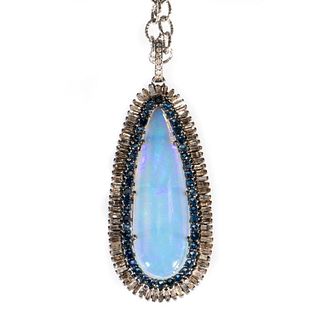 Opal, sapphire, diamond, blackened silver pendant