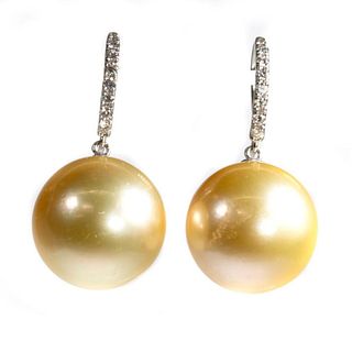 Golden South Sea cultured pearl, diamond earrings