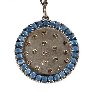 Sapphire, diamond and blackened silver pendant with chain