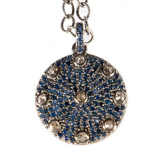Sapphire, diamond, blackened silver pendant