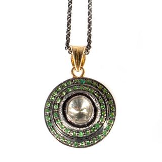 Diamond, tsavorite, silver and 14k gold pendant