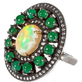 Opal, emerald, diamond & blackened silver ring