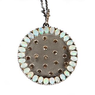Opal, diamond and blackened silver pendant with chain