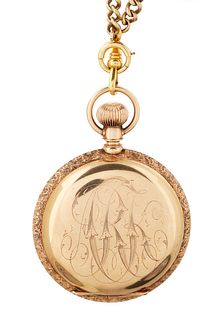 AN EROTIC AMERICAN WALTHAM 14K GOLD AND ENAMEL HUNTER CASE KEYLESS LEVER POCKET WATCH AND CHAIN, MOVEMENT NO. 5'506'759, CASE NO. 726'118, CIRCA 1891