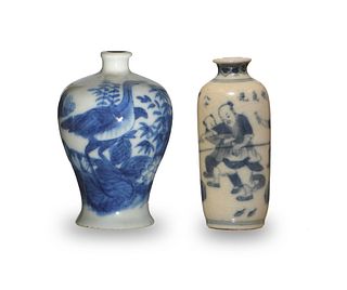 2 Chinese Blue and White Snuff Bottles, 19th Century