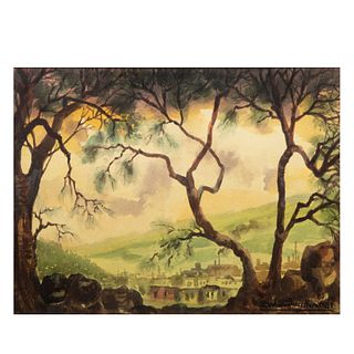 Joaquín Martínez Navarrete. Vista con árboles. Firmada y fechada '80. Acuarela sobre papel. Enmarcada. 22 x 33 cm
