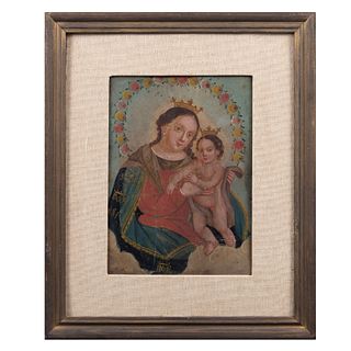 Anónimo. Virgen con Niño Jesús. Óleo sobre lámina de zinc. Enmarcado. 32 x 23.5 cm