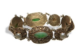 Chinese Jadeite, Silver, and Pearl Bracelet, 20th Century