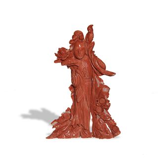 Chinese Coral Carving of Lady, Early 20th Century