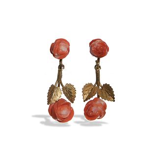 Pair of Chinese Coral Earrings with Roses, Republic