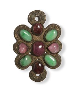 Chinese Bronze Belt Buckle with Precious Stone, 19th Century