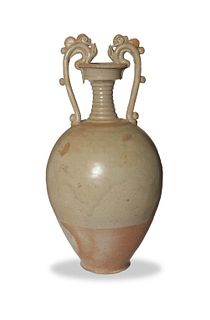 Chinese White Glazed Vase with Dragon Handles, Tang