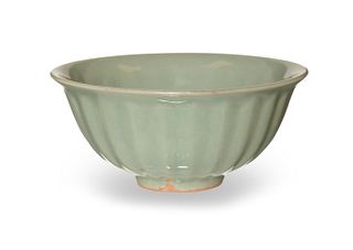 Chinese Longquan Celadon Ribbed Bowl, Ming or Yuan