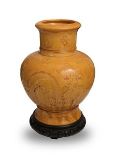 Chinese Yellow Glazed Carved Porcelain Vase, 19th Century