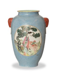 Chinese Blue Ground Famille Rose Vase, Republic