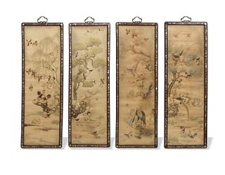 4 Chinese Canton Silk Panels with Flowers, 19th Century