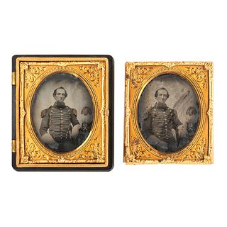 Pair of Identical Sixth Plate Ambrotype Portraits of a Militia Cavalryman Wearing Hussar-Style Uniform