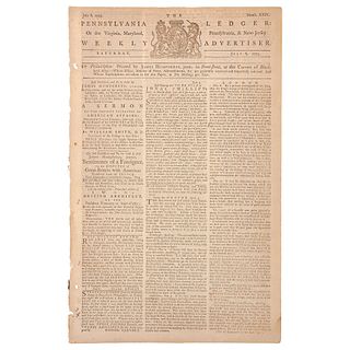 Pennsylvania Ledger Rare Single Issue Dated July 8, 1775, Featuring Coverage of Bunker Hill