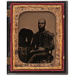 Quarter Plate Ambrotype Portrait of a New York State Militia Sergeant with Sword and Bearskin Cap