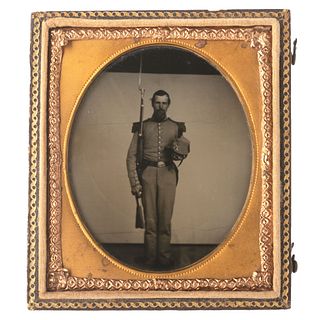 Sixth Plate Ruby Ambrotype Portrait of a 1st New York Militia Private Holding Bayonetted Rifle-Musket