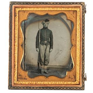 Sixth Plate Tintype Portrait of a Piatt Zouave (34th Ohio) Holding Bayonetted Musket