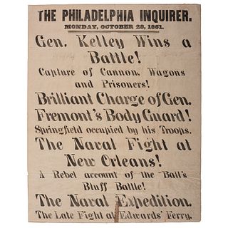 Newsstand Broadside, October 28, 1861 Issue of The Philadelphia Inquirer Covering the "Brilliant Charge of Gen. Fremont's Body Guard! and Other Events