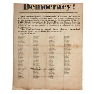 1840 Democracy Broadside Listing Over 200 Democratic Party Voters, South Berwick, Maine