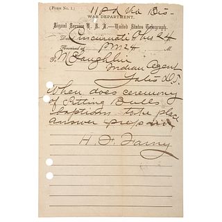 Henry Farny Telegraph to Indian Agent McLaughlin Regarding Sitting Bull's Baptism Ceremony