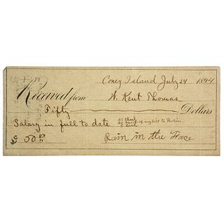 Rain-in-the-Face, Autographed Receipt from Working at Coney Island, Sioux War Village, 1894