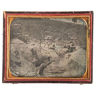 Half Plate Daguerreotype of a California Gold Mining Camp, with Portraits of Two Featured Subjects