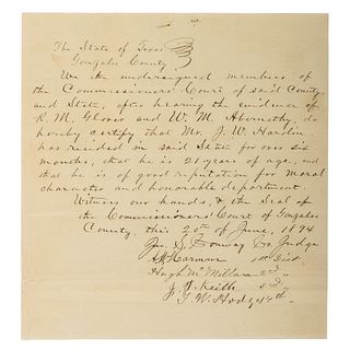 Gonzales County, Texas Manuscript Legal Document Recognizing John Wesley Hardin's "Good Reputation for Moral Character," June 1894