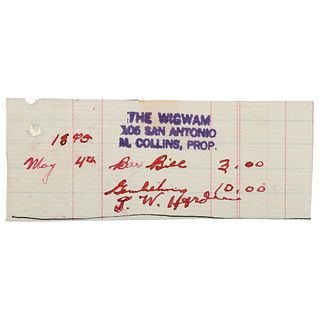 John Wesley Hardin Signed Wigwam Saloon Tab 