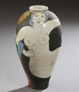 In the Manner of Rene Buthaud (1886-1986, French), "Entwined Female and Male Nudes," 20th c., polychromed glazed earthenware baluster vase, unsigned, 