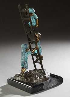 "Kids on a Ladder," 20th/21st c., patinated bronze figural group, on a figured stepped black marble base, H.- 14 3/4 in., Dia.- 7 7/8 in.