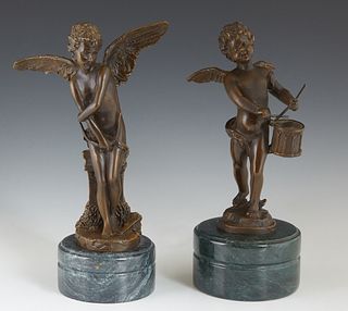 After Auguste Moreau (1834-1917), "The Winged Putto Drummer," and "Winged Cupid with Bow and Quiver," late 20th c., on integral circular matching figu