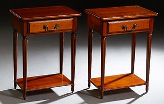 Pair of Louis XVI Style Carved Cherry Nightstands, 20th c., the stepped ogee edge rectangular top over a frieze drawer on turned tapered reeded suppor