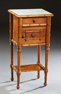 French Pitch Pine Faux Bamboo Marble Top Nightstand, c. 1880, the inset figured white marble over a frieze drawer and a pot cupboard door on turned le