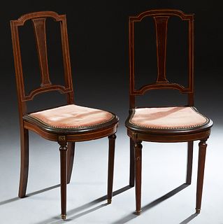 Pair of French Inlaid Mahogany Louis XVI Style Side Chairs, 20th c., the arched back over a tapered vertical center splat, to a cushioned bowed seat, 