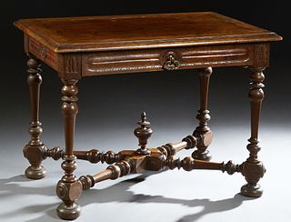 French Provincial Carved Walnut Writing Table 19th c., the stepped top over a carved frieze drawer above a wide carved skirt, on turned tapered and bl